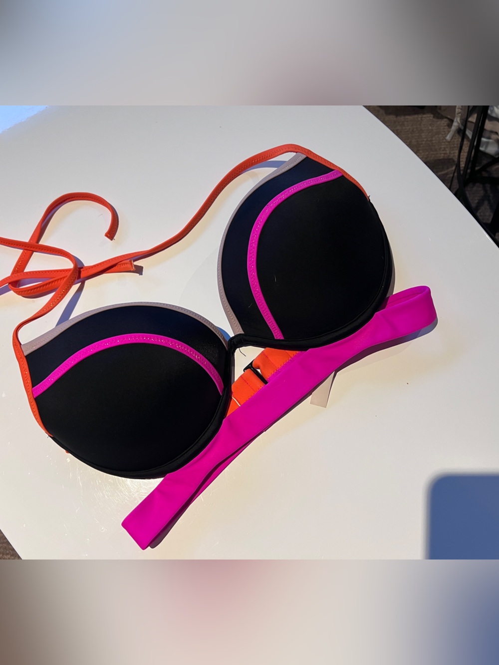 Victoria's Secret Black Bikini Top with Hot Pink and Orange Trim